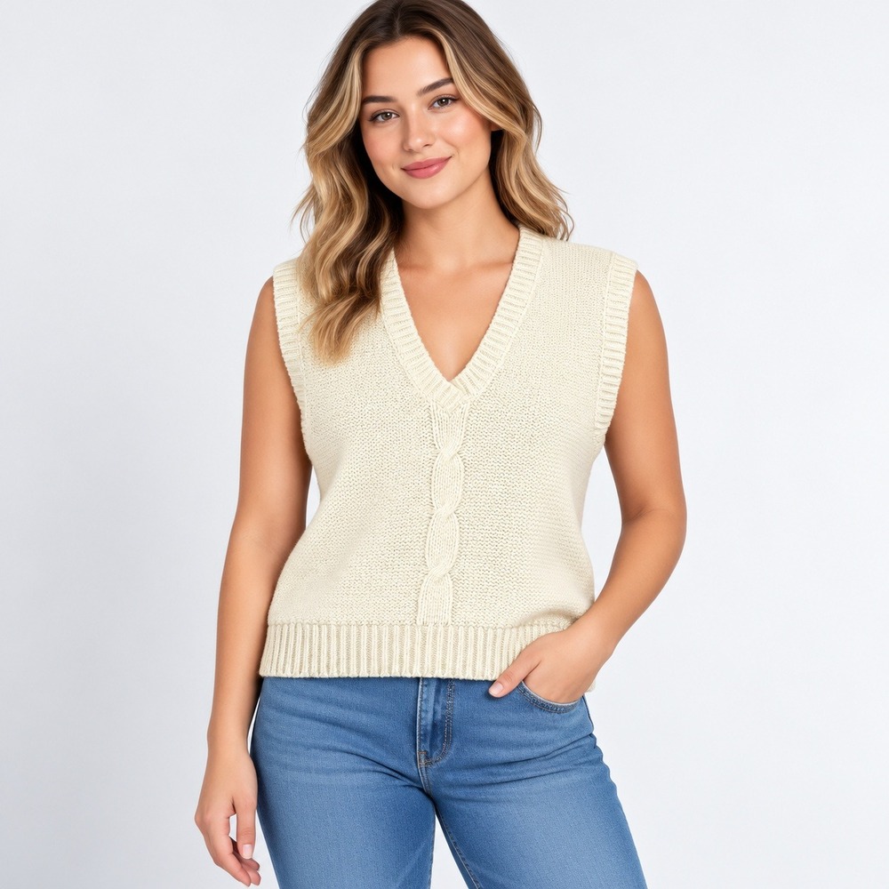 Bobbie Brooks Sweater Vest Women M Cream Cable Knit V-Neck Vintage 80s 90s D100